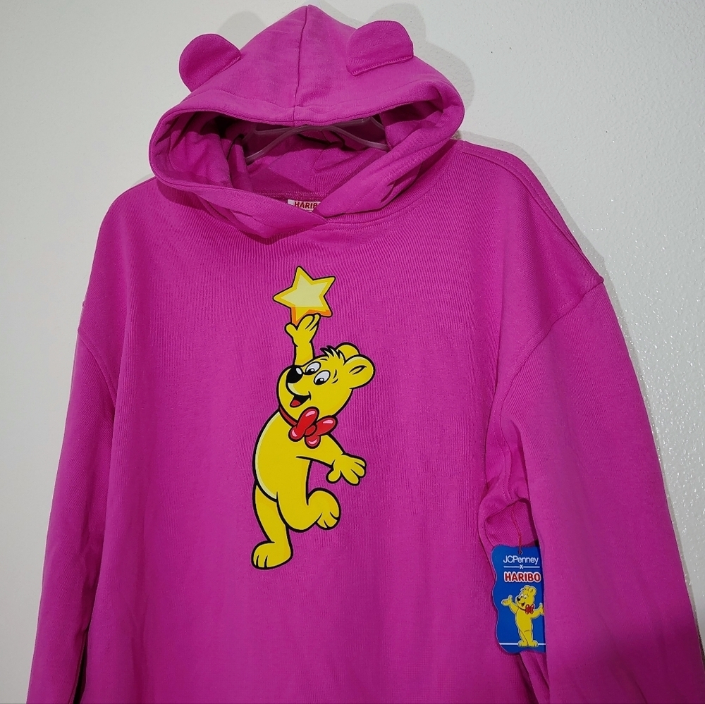Haribo Gummy Bear Pink Hoodie Girls XL (16) Fleece Lined Pullover Cute Ears NWT - Picture 2 of 13